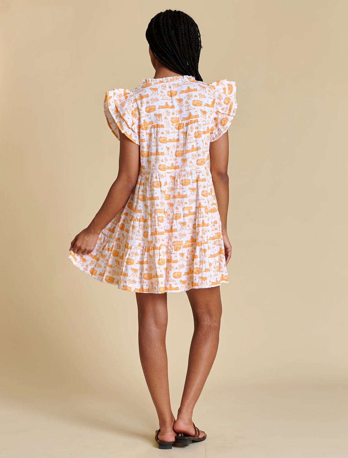 Tennessee Toile Flutter Sleeve Dress in white orange 