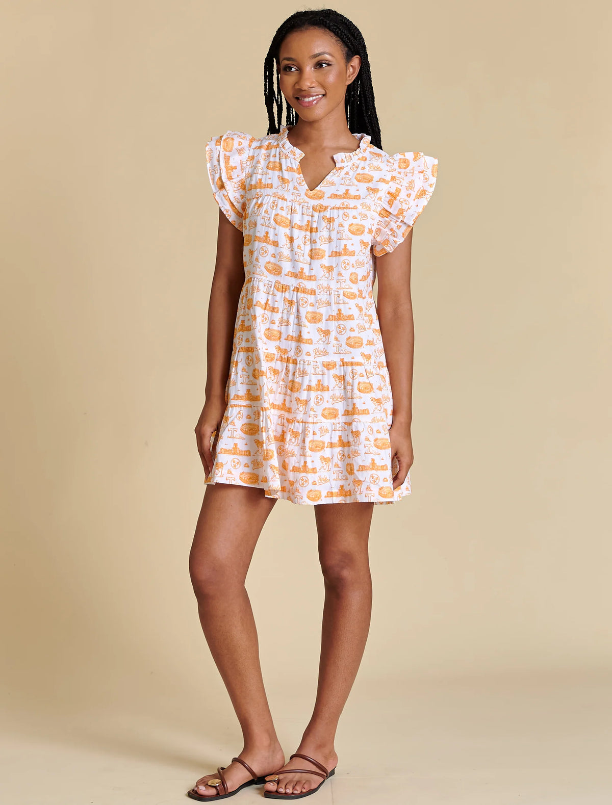 Tennessee Toile Flutter Sleeve Dress in white orange 