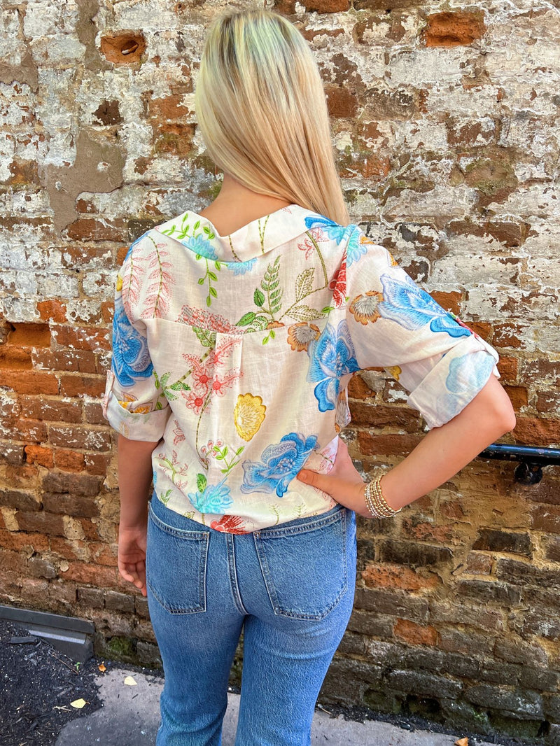 Stitch Floral Tie Button Down Top Multi