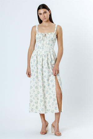 Storia Floral Print Corset Midi Dress Ivory Blue Floral