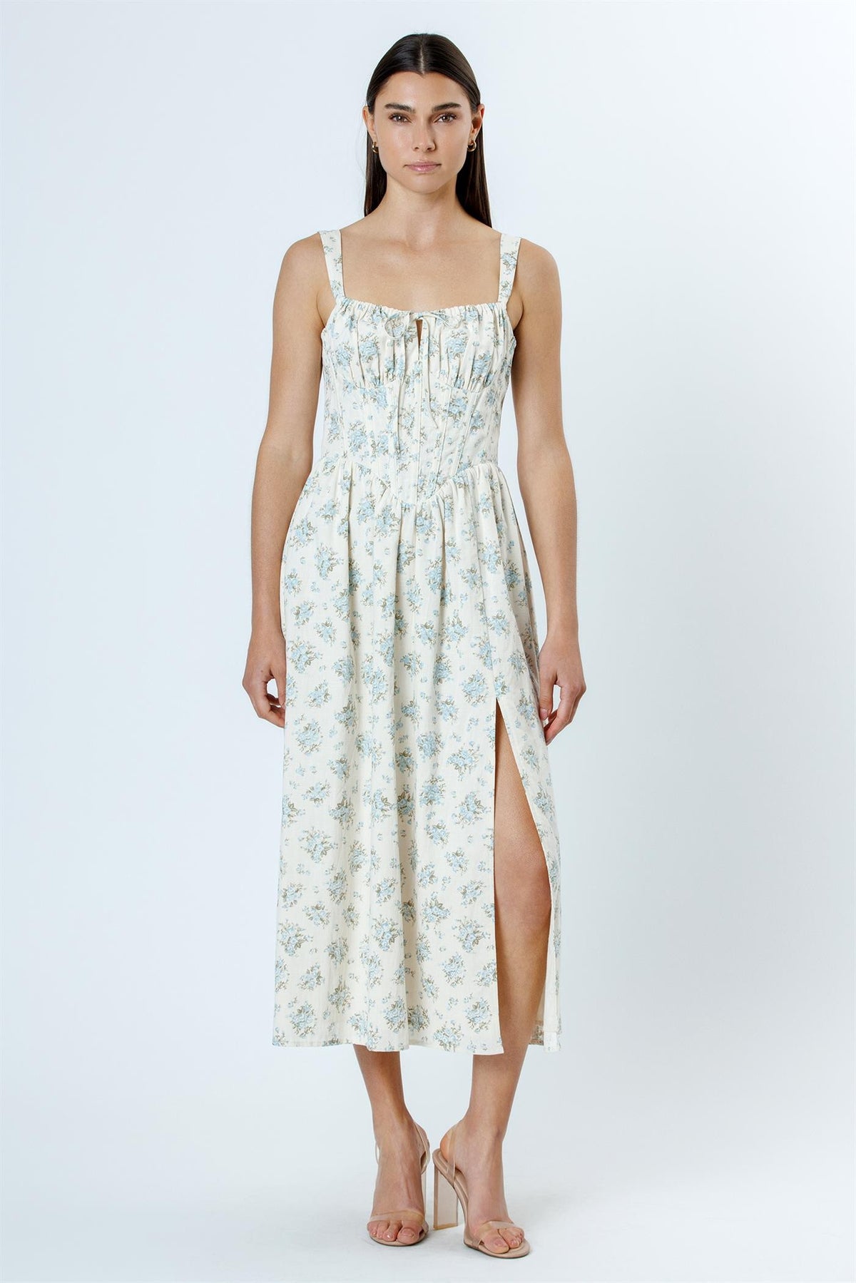 Storia Floral Print Corset Midi Dress Ivory Blue Floral