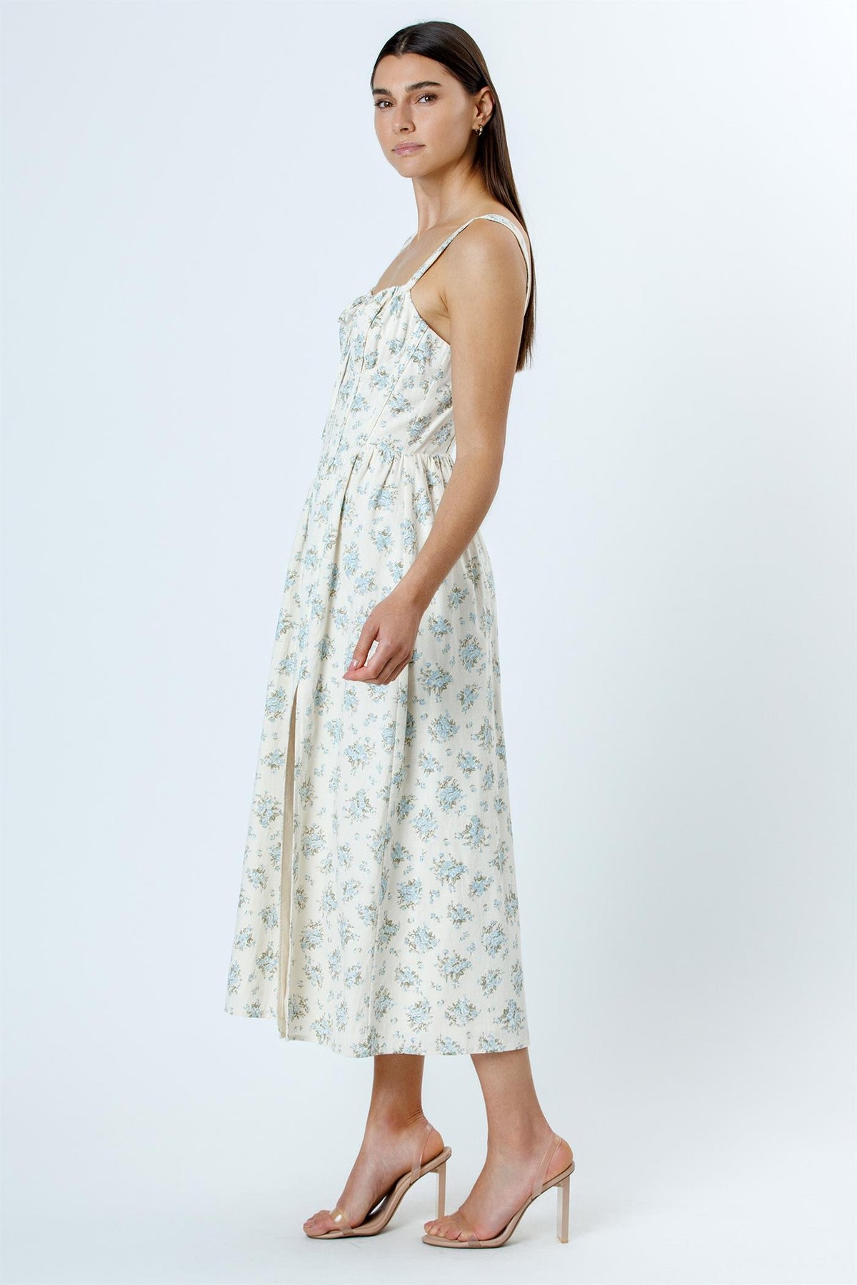 Storia Floral Print Corset Midi Dress Ivory Blue Floral
