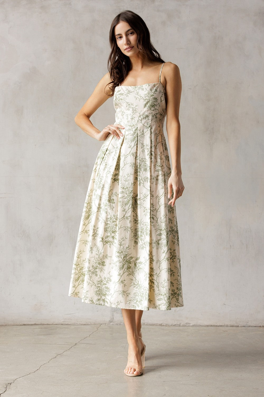 Storia Floral Sleeveless Midi Dress Cream Green Floral