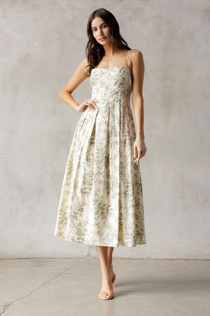 Storia Floral Sleeveless Midi Dress Cream Green Floral