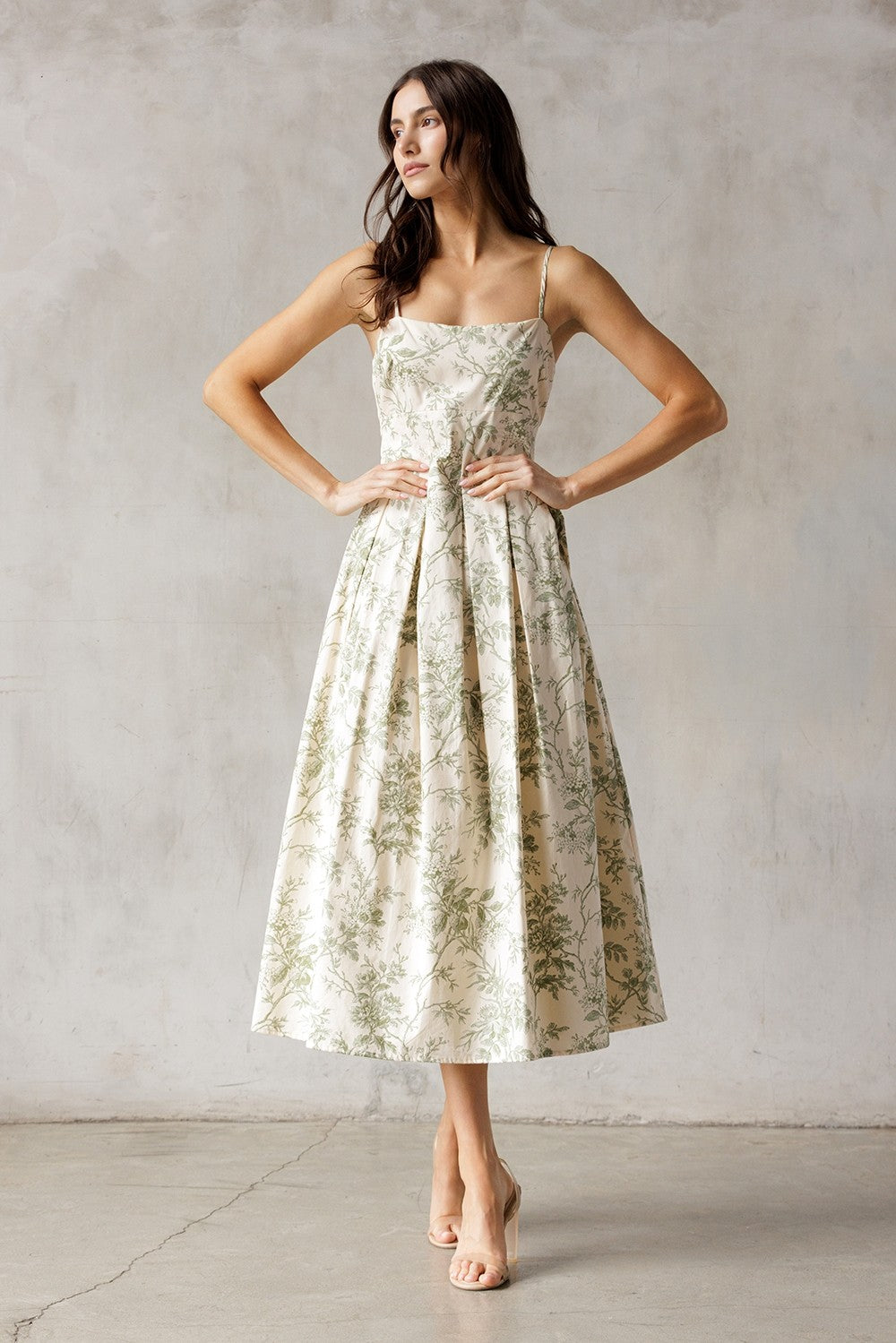 Storia Floral Sleeveless Midi Dress Cream Green Floral