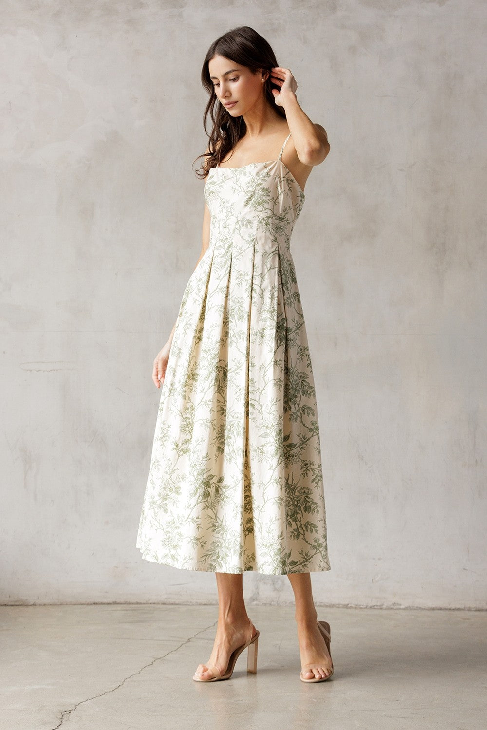 Storia Floral Sleeveless Midi Dress Cream Green Floral