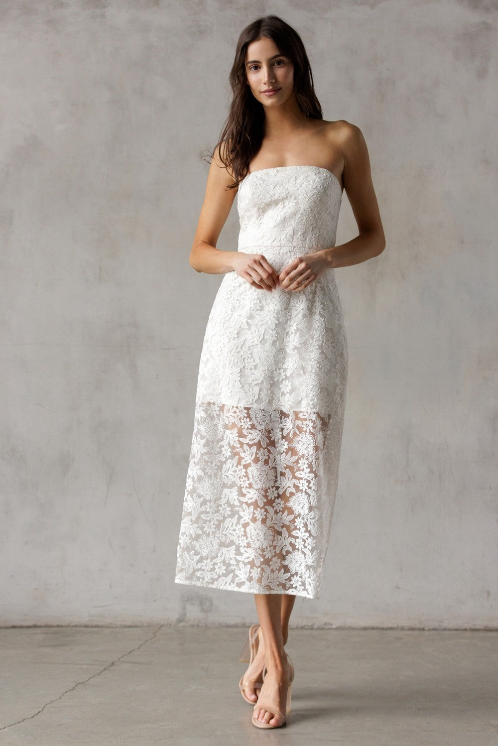 Storia Strapless Sheer Floral Lace Midi Dress Cream