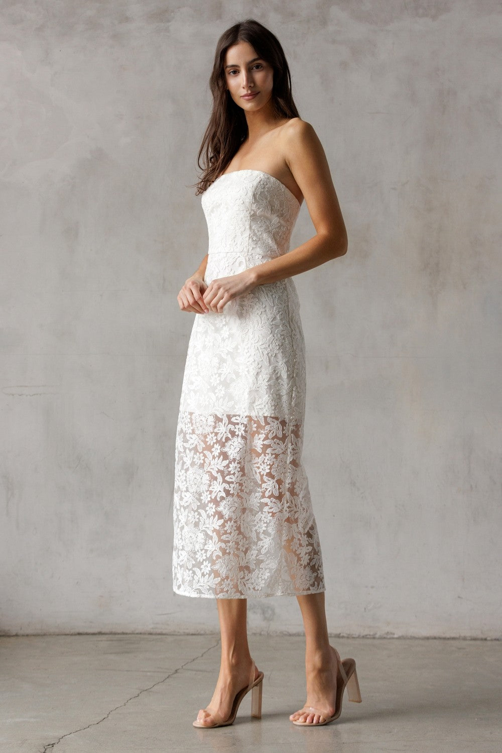 Storia Strapless Sheer Floral Lace Midi Dress Cream