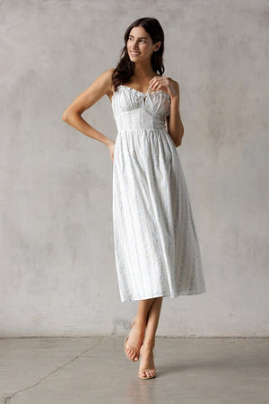 Storia Vertical Floral Stripes Bodice Midi Dress White Blue