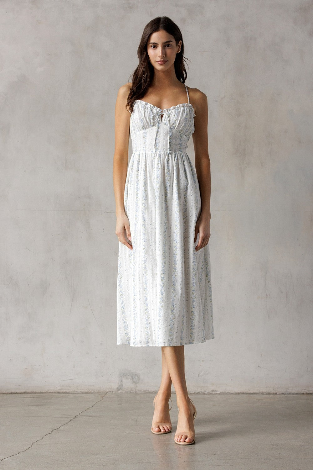 Storia Vertical Floral Stripes Bodice Midi Dress White Blue