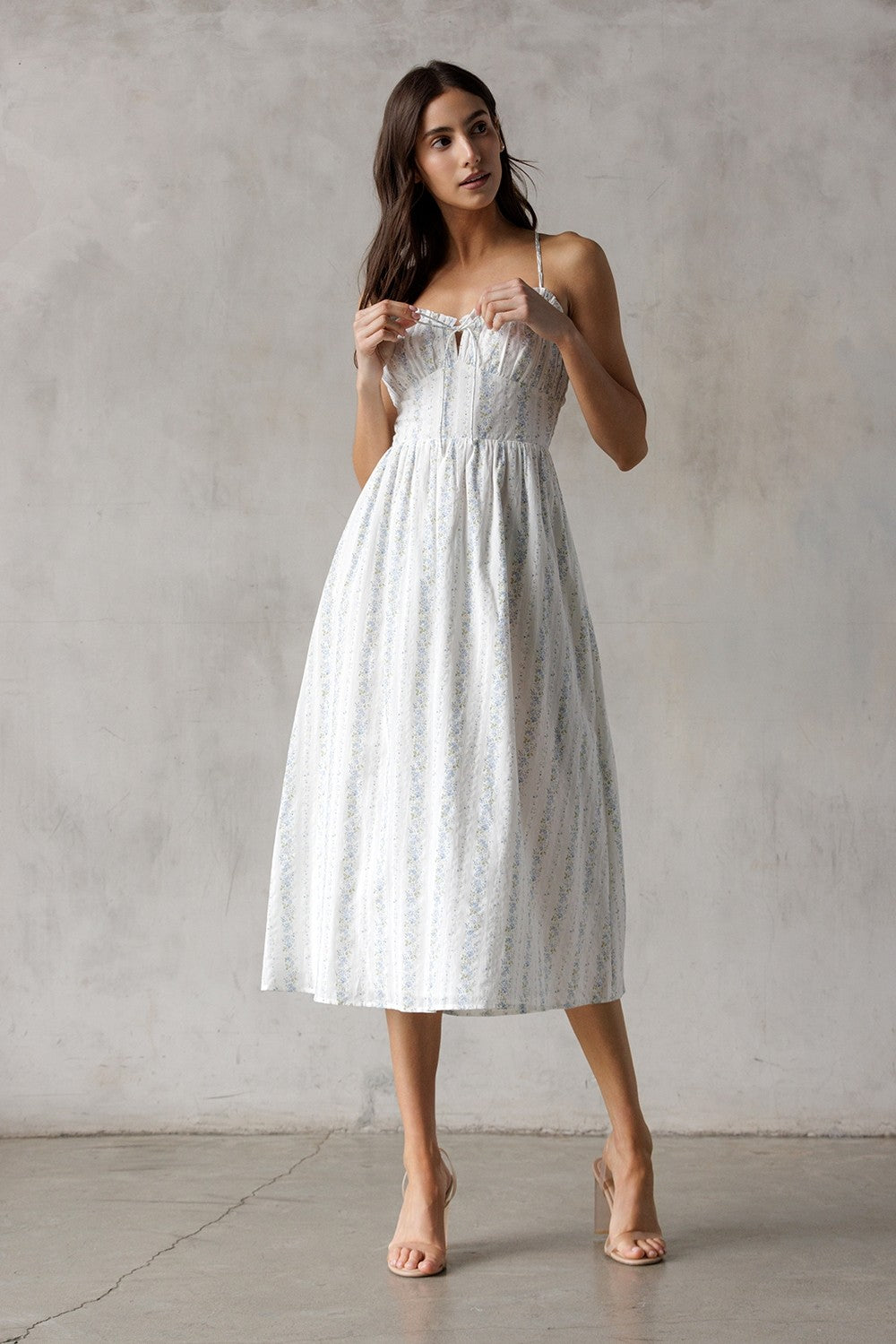 Storia Vertical Floral Stripes Bodice Midi Dress White Blue