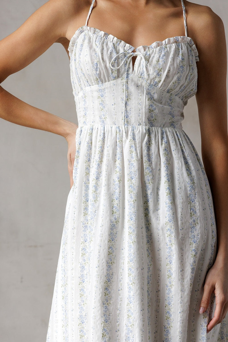Storia Vertical Floral Stripes Bodice Midi Dress White Blue
