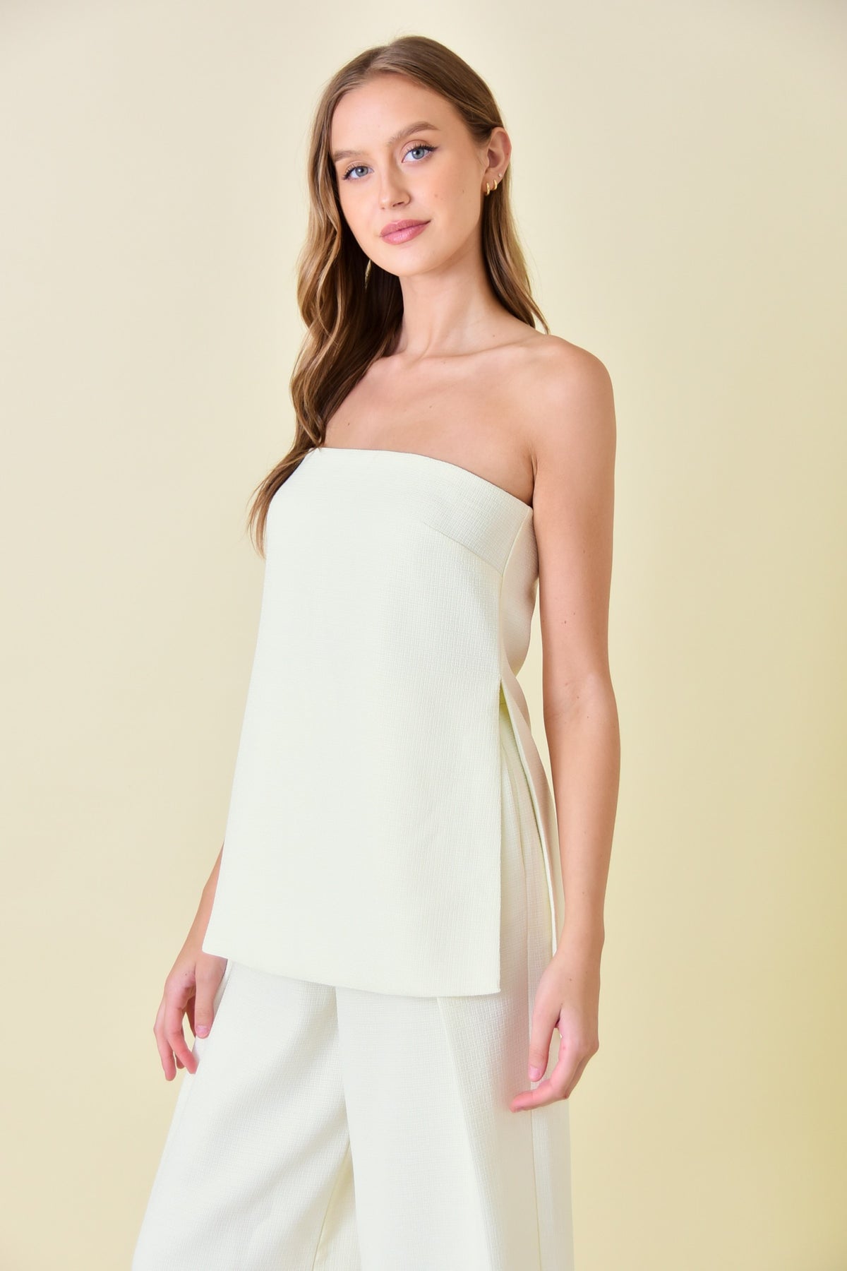 strapless woven side slit top in ivory-side