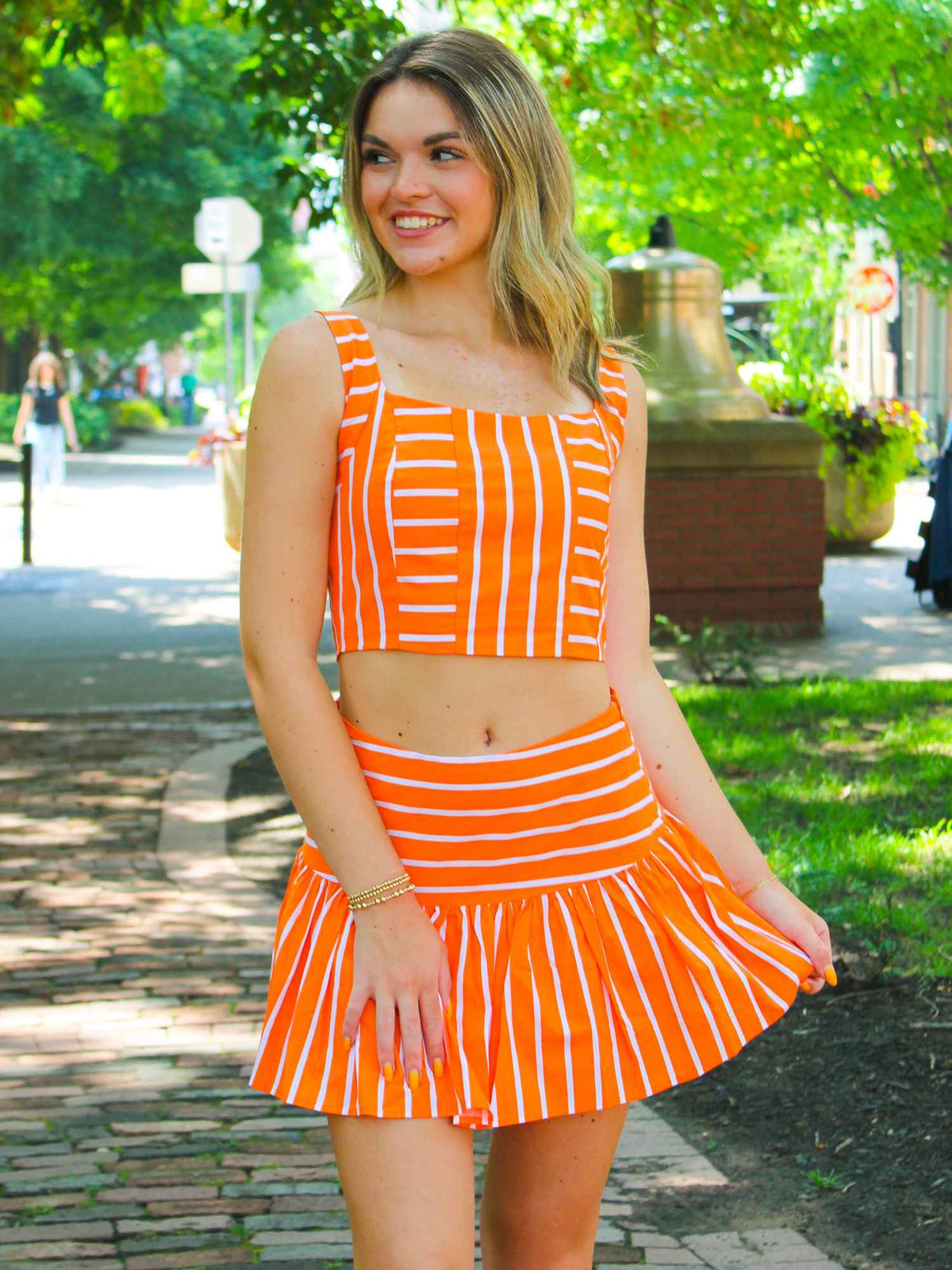 Stripe Crop Top Ruffle Mini Skirt Set Orange White