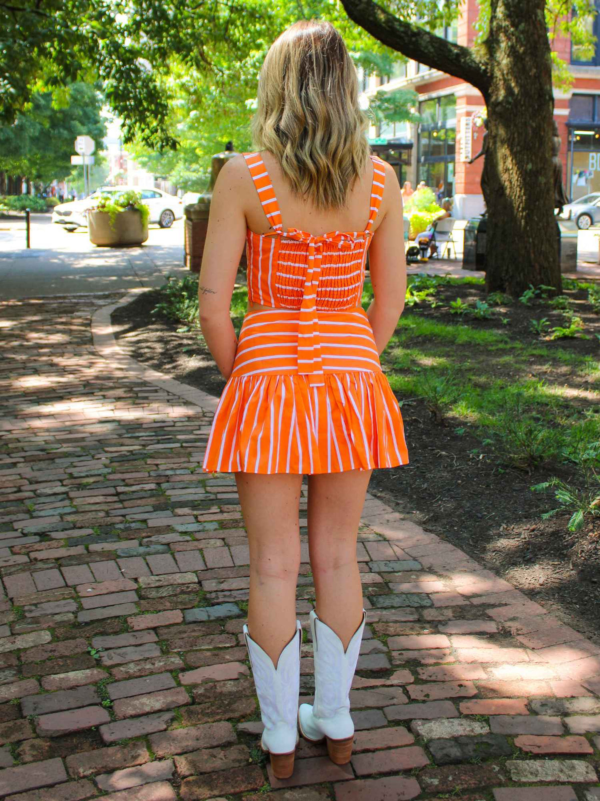 Stripe Crop Top Ruffle Mini Skirt Set Orange White