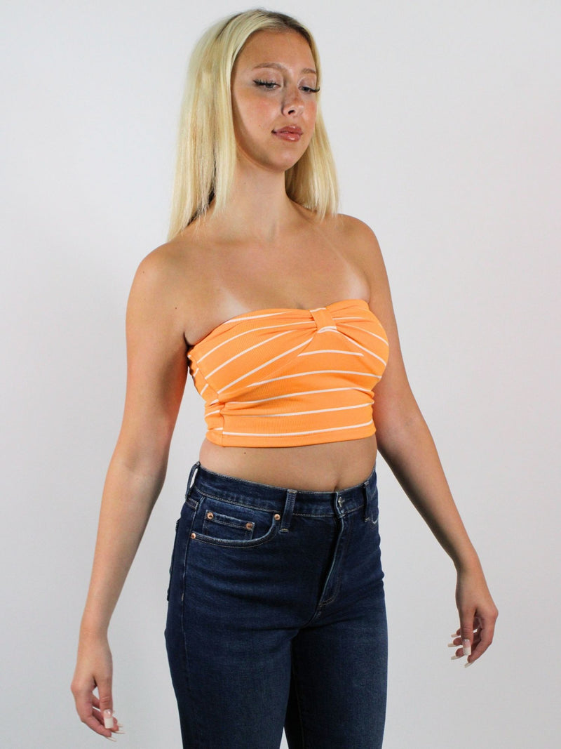 Striped Bow Shape Sweetheart Cropped Tube Top Orange White