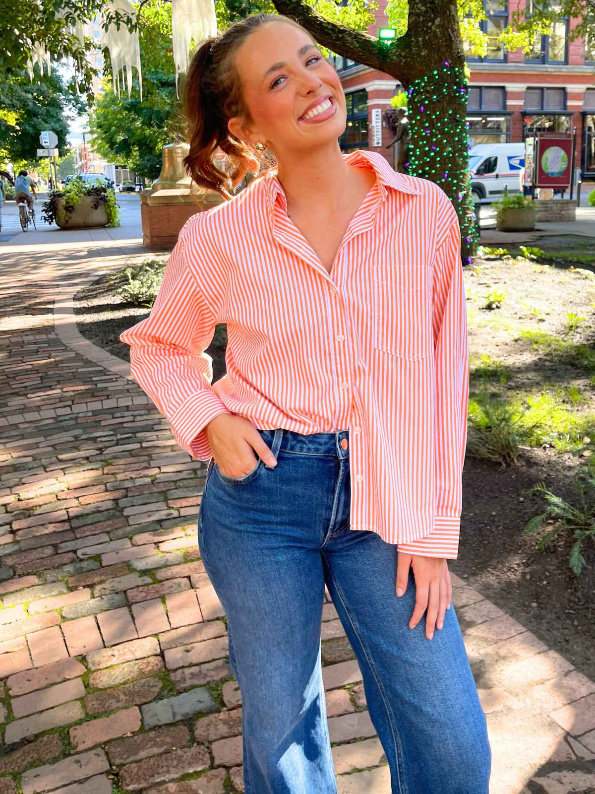 Orange & White Classic Striped Button-Up Shirt