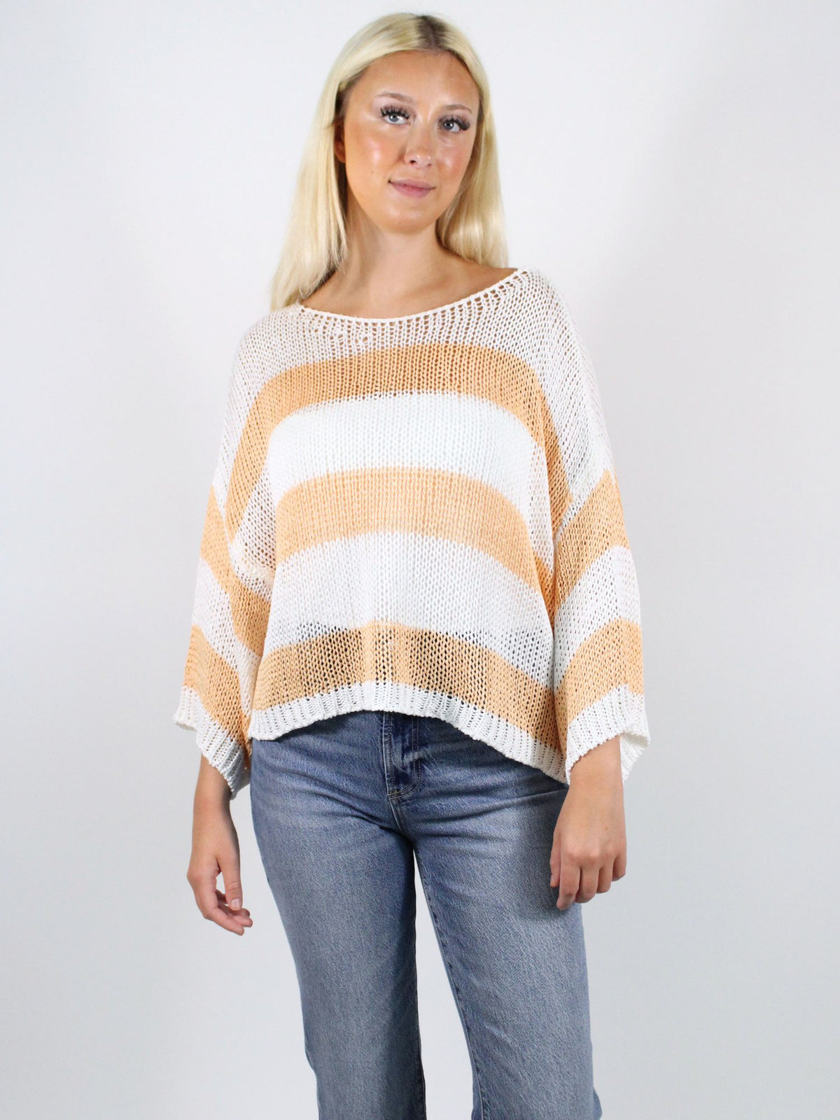 Striped Crew Neck Crochet Top White Salmon