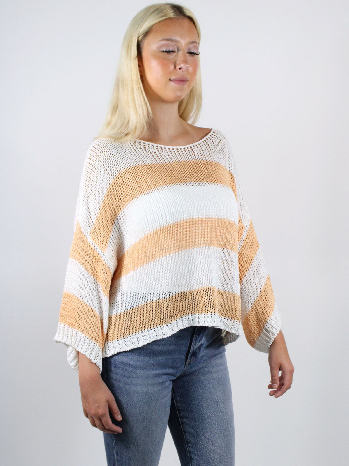 Striped Crew Neck Crochet Top White Salmon
