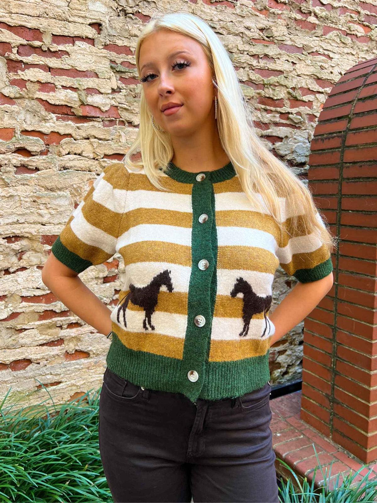 Mint Striped Horse Short Sleeve Cardigan Green