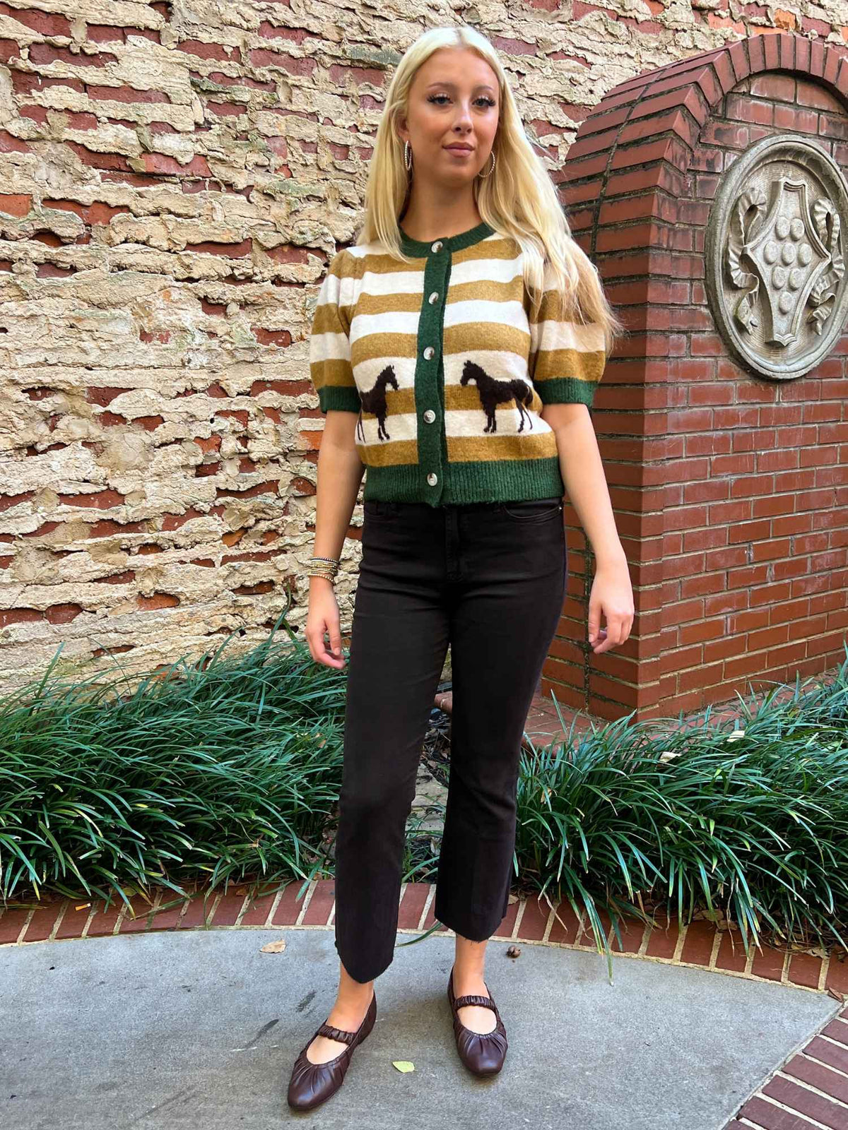 Mint Striped Horse Short Sleeve Cardigan Green