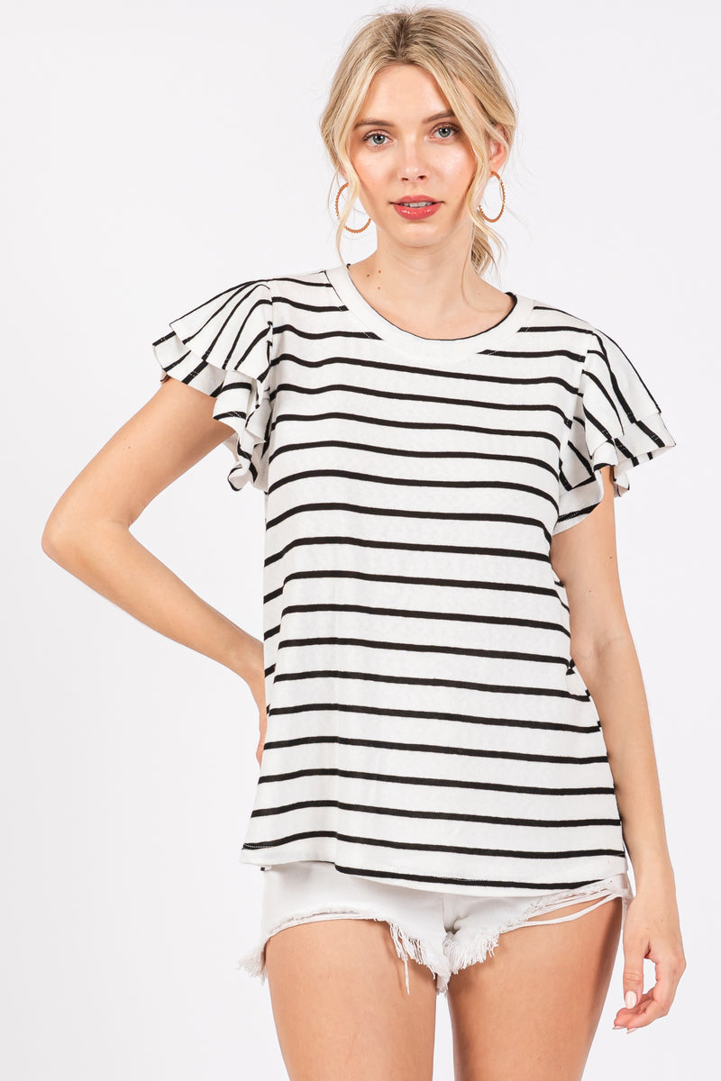 striped ruffle sleeve top in white and black-front