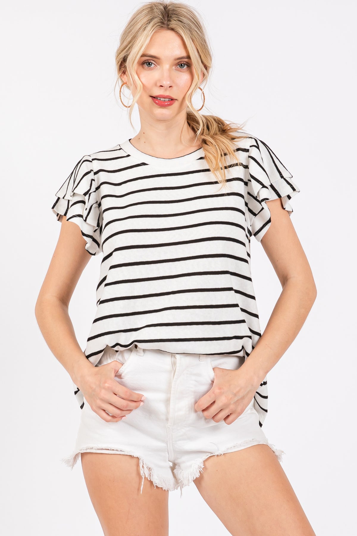 striped ruffle sleeve top in white and black-front