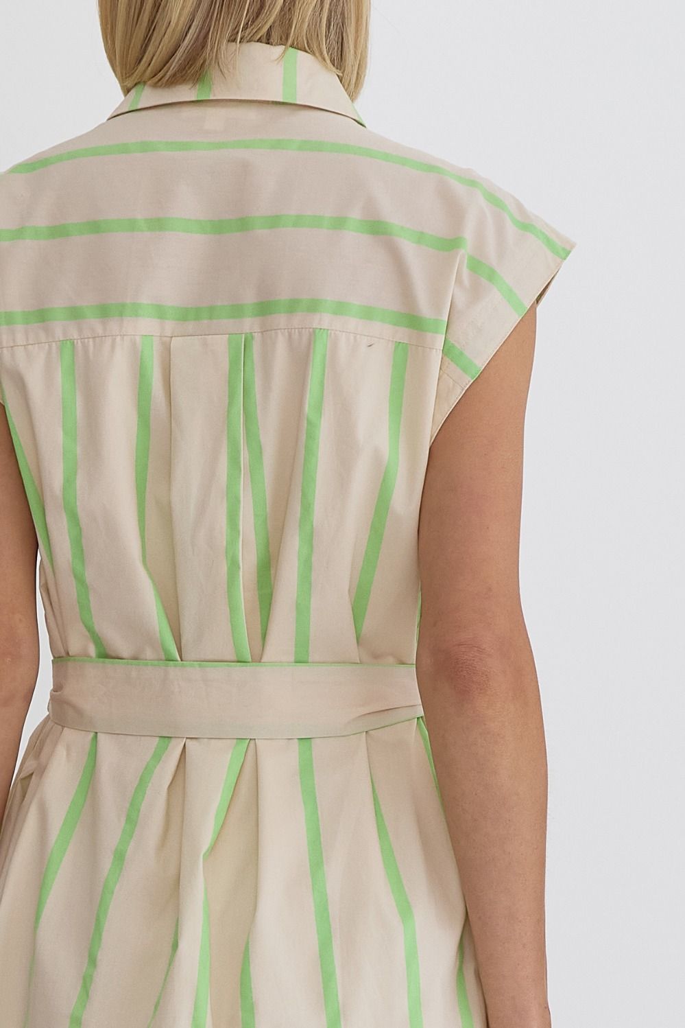 striped sleevless button up midi dress in lime-back detail