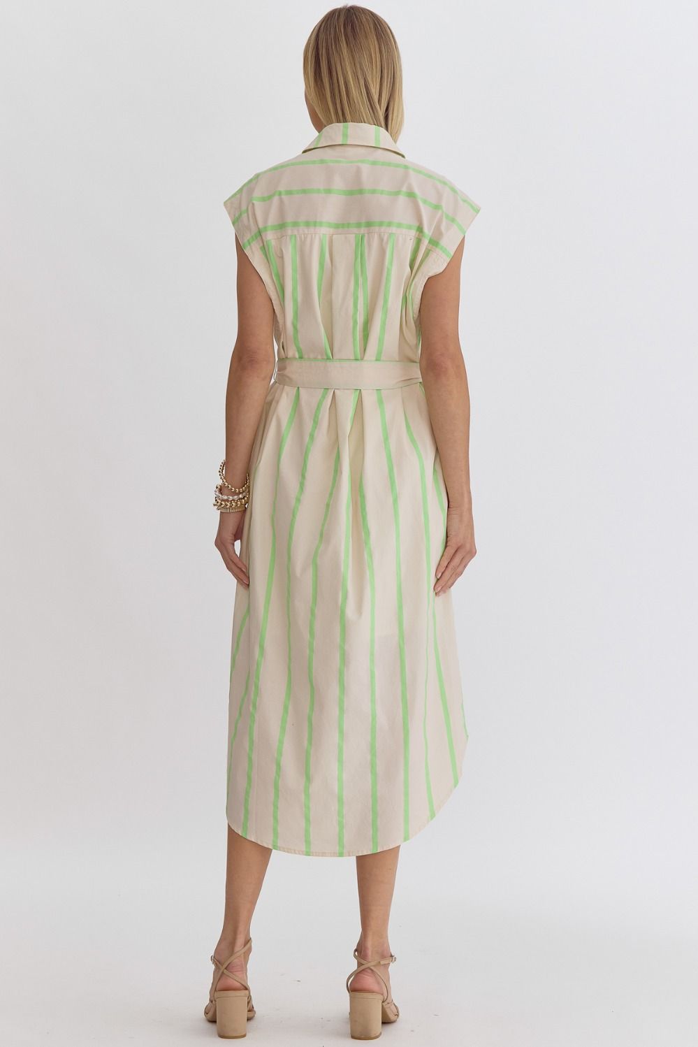 striped sleevless button up midi dress in lime-back