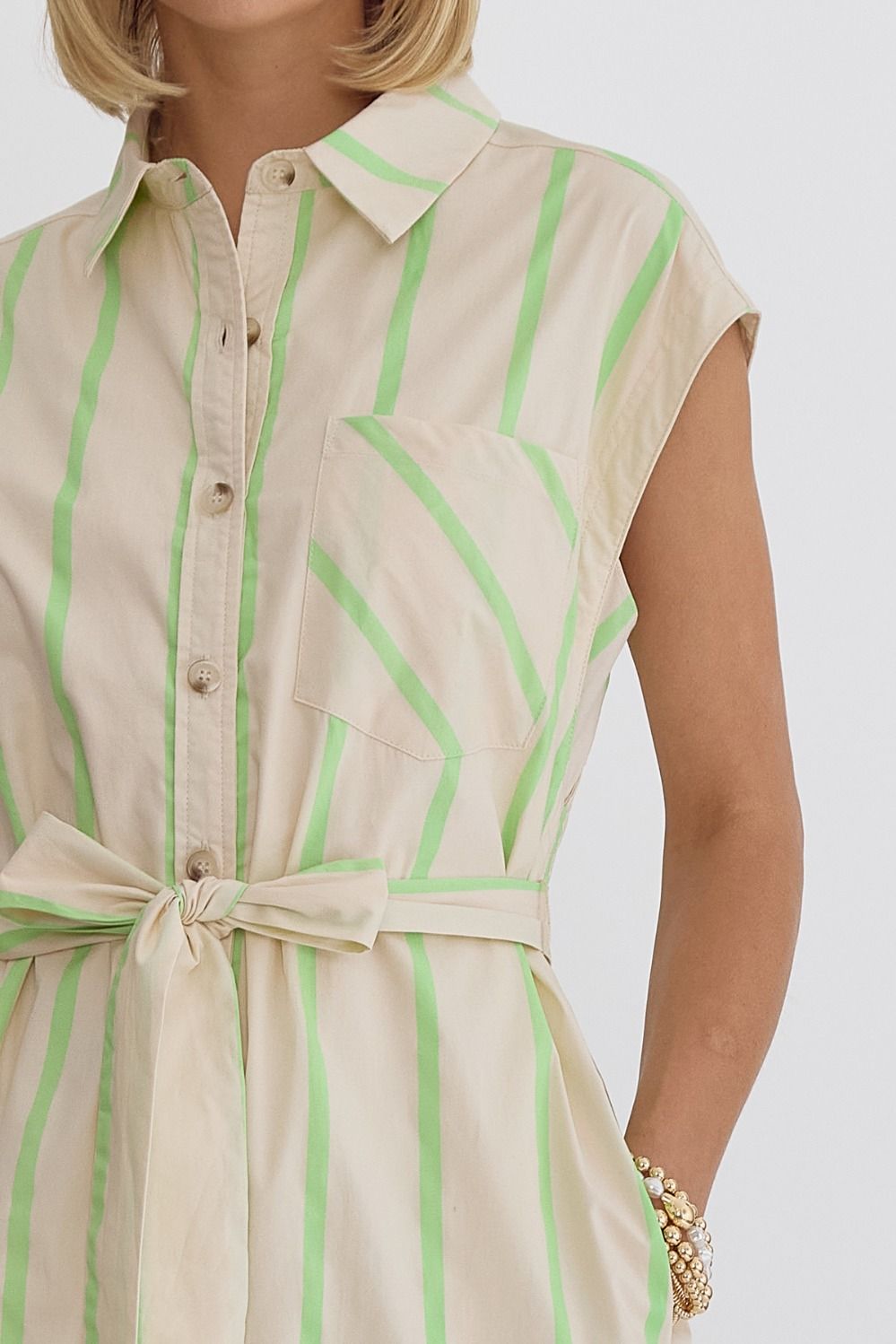 striped sleevless button up midi dress in lime-front detail