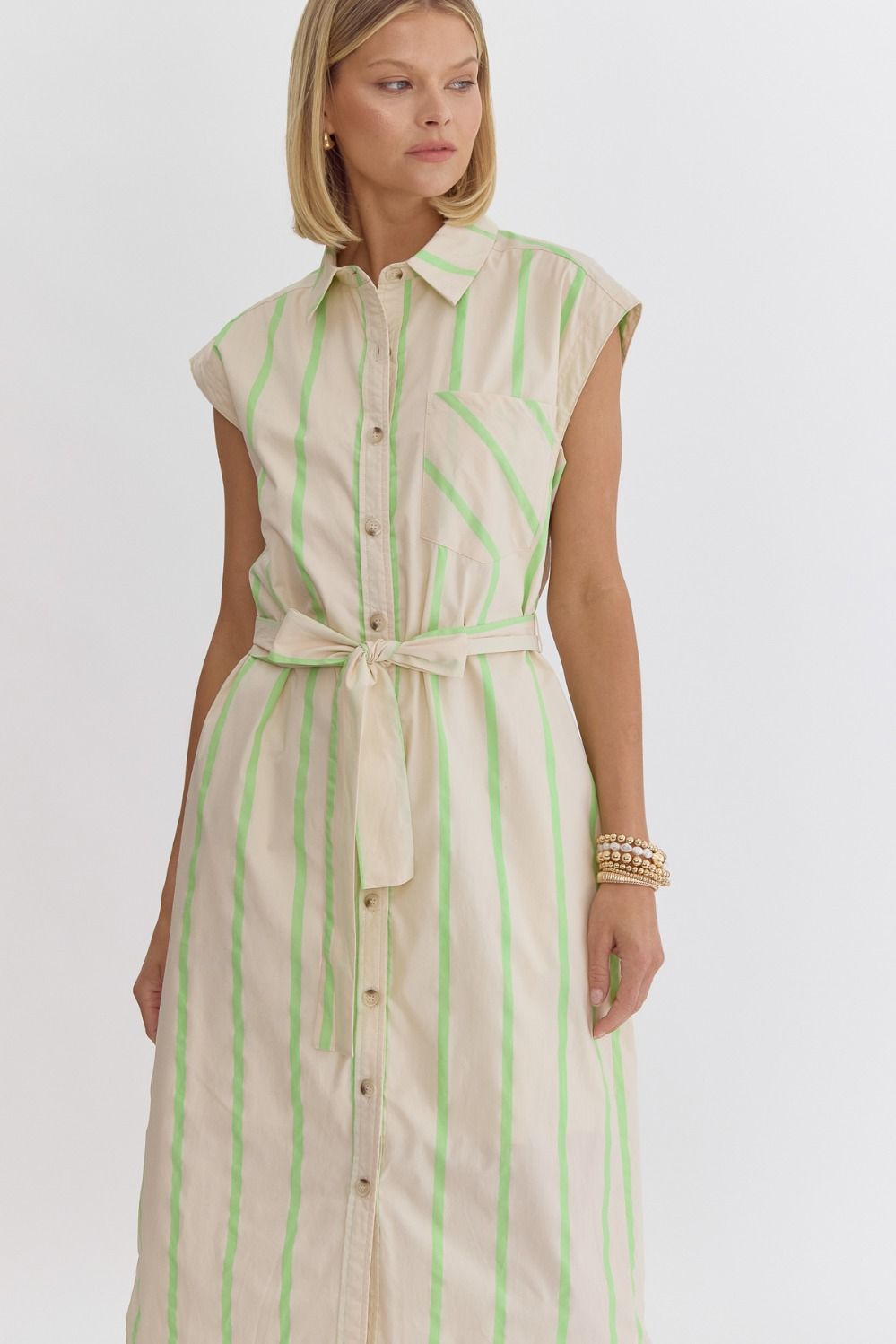 striped sleevless button up midi dress in lime-front detail