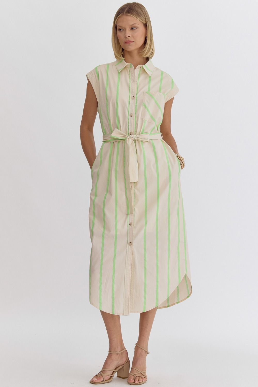 striped sleevless button up midi dress in lime-front