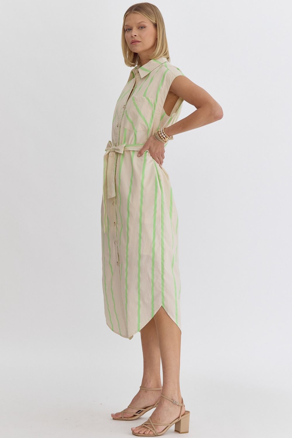 striped sleevless button up midi dress in lime-side