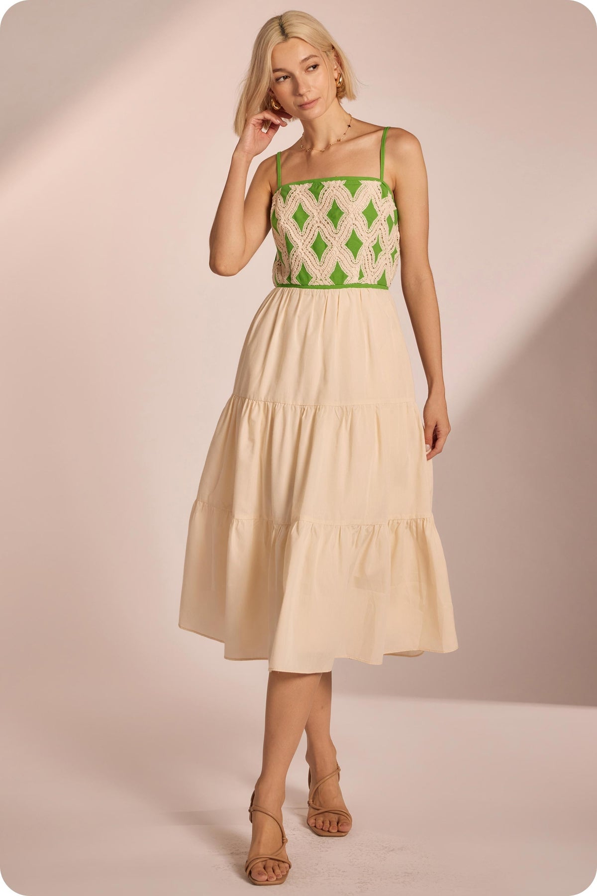 Strut & Bolt Contrast Diamond Crochet Midi Dress Vibrant Green Cream