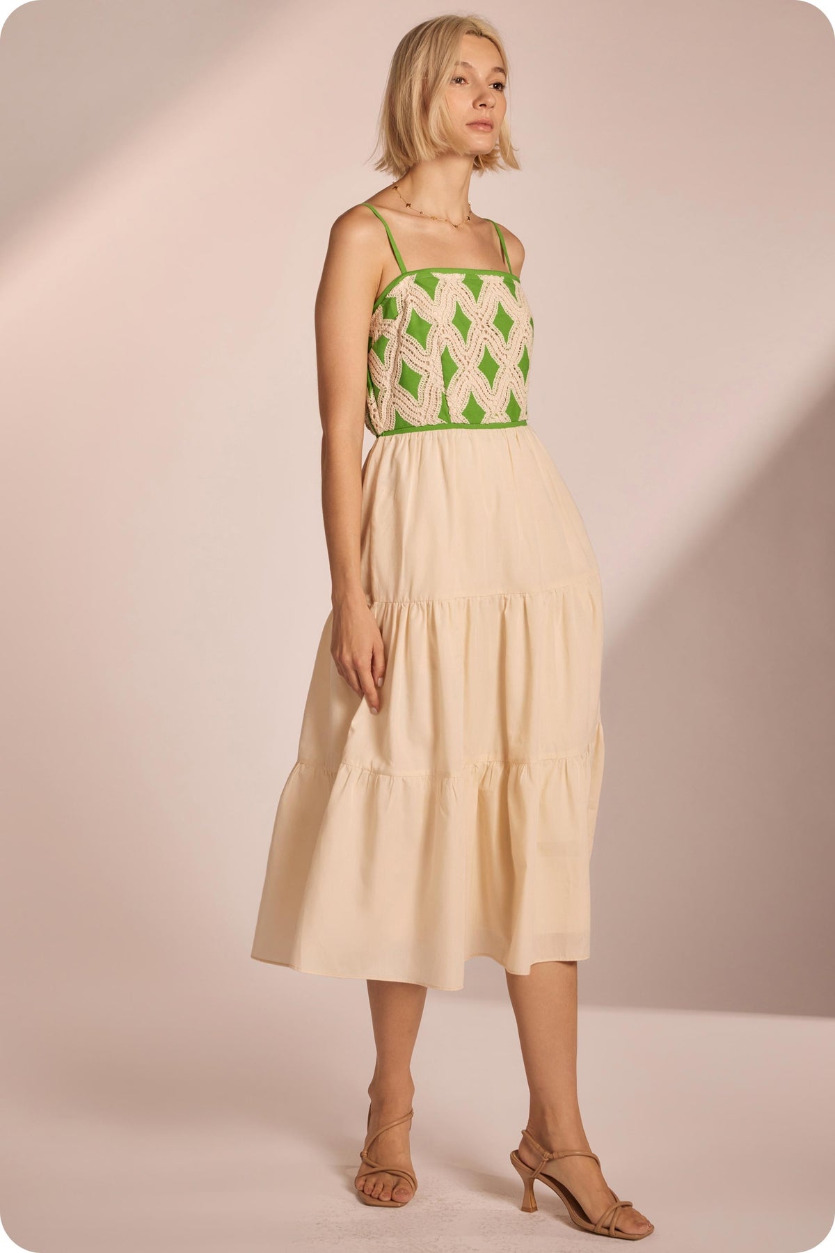 Strut & Bolt Contrast Diamond Crochet Midi Dress Vibrant Green Cream