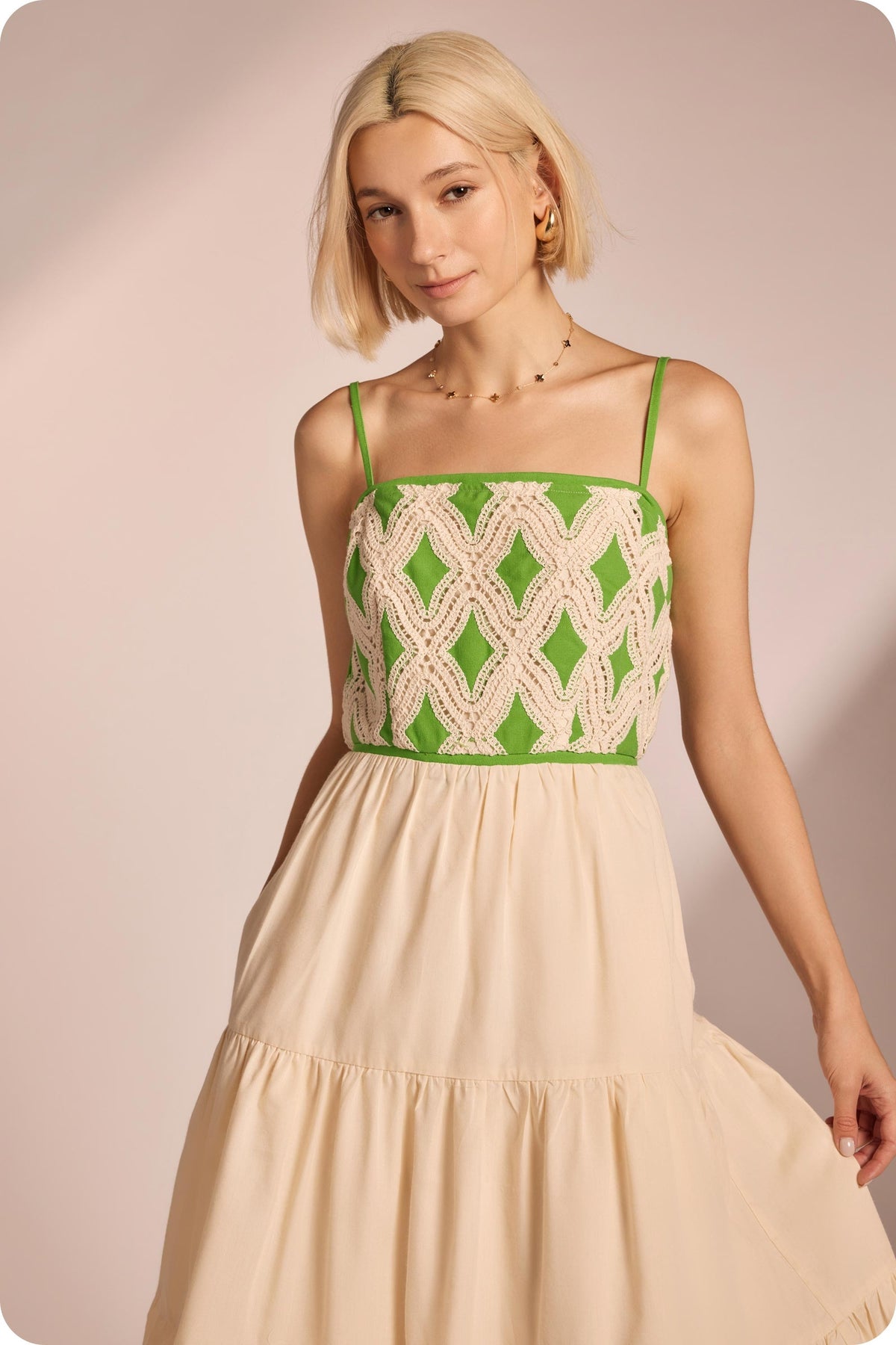 Strut & Bolt Contrast Diamond Crochet Midi Dress Vibrant Green Cream
