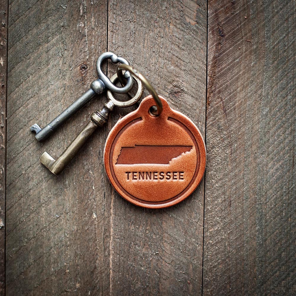 Sugarhouse Leather Circle Leather Keychain Tennessee State Shape Silhouette