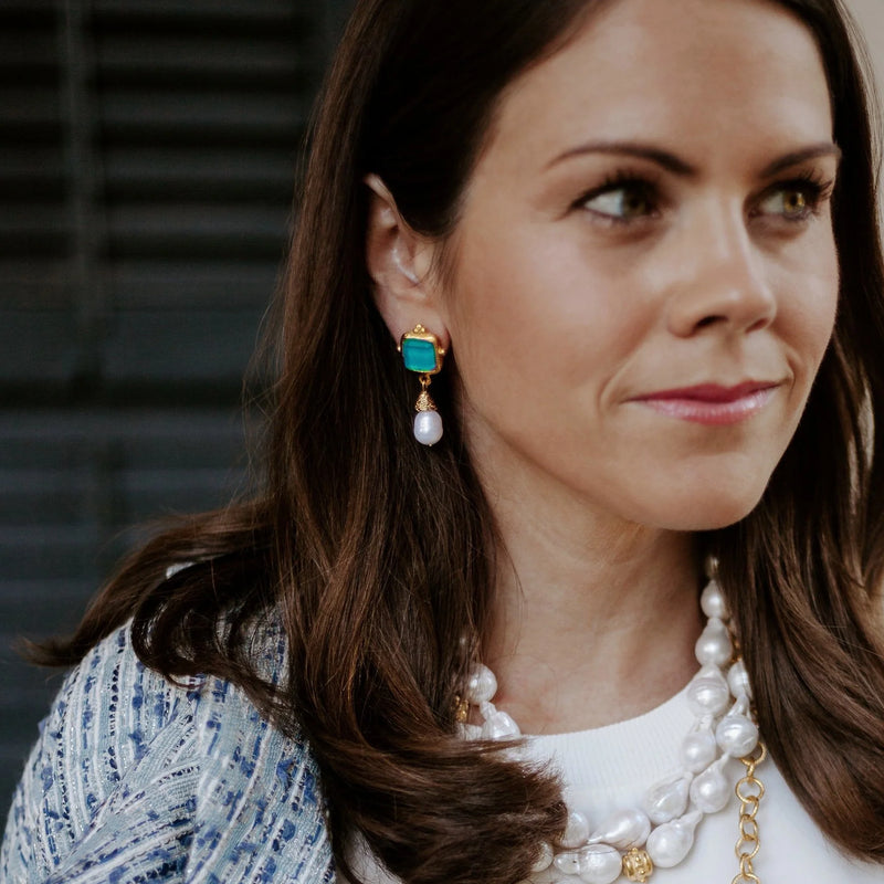 Susan Shaw Charlotte Pearl Drop Earrings - Riviera Teal