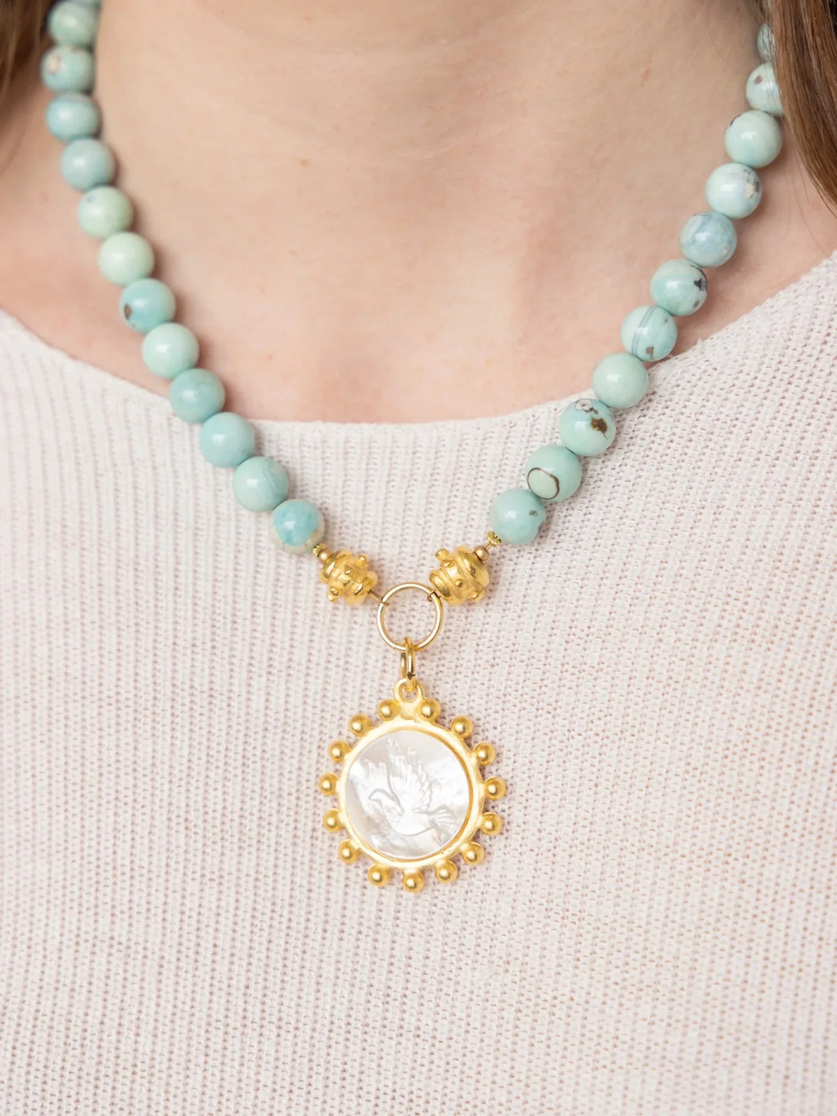 Susan Shaw 16" Erin Engraved Dove Agate Necklace