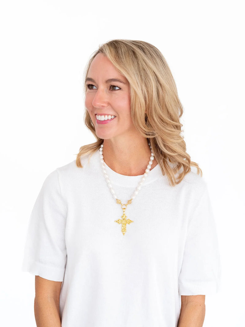 Susan Shaw 16" Fleur Cross Pearl Necklace