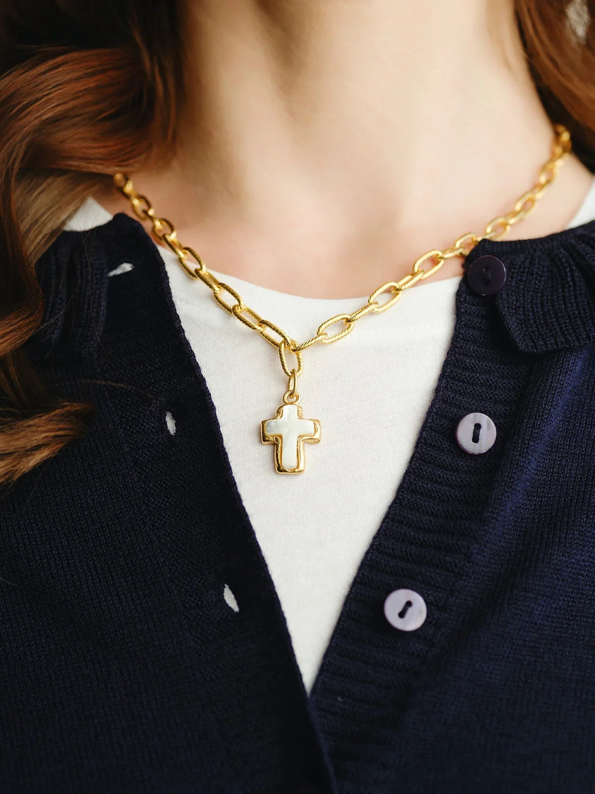 Susan Shaw 16" Small Mother of Pearl Cross Jane Necklace
