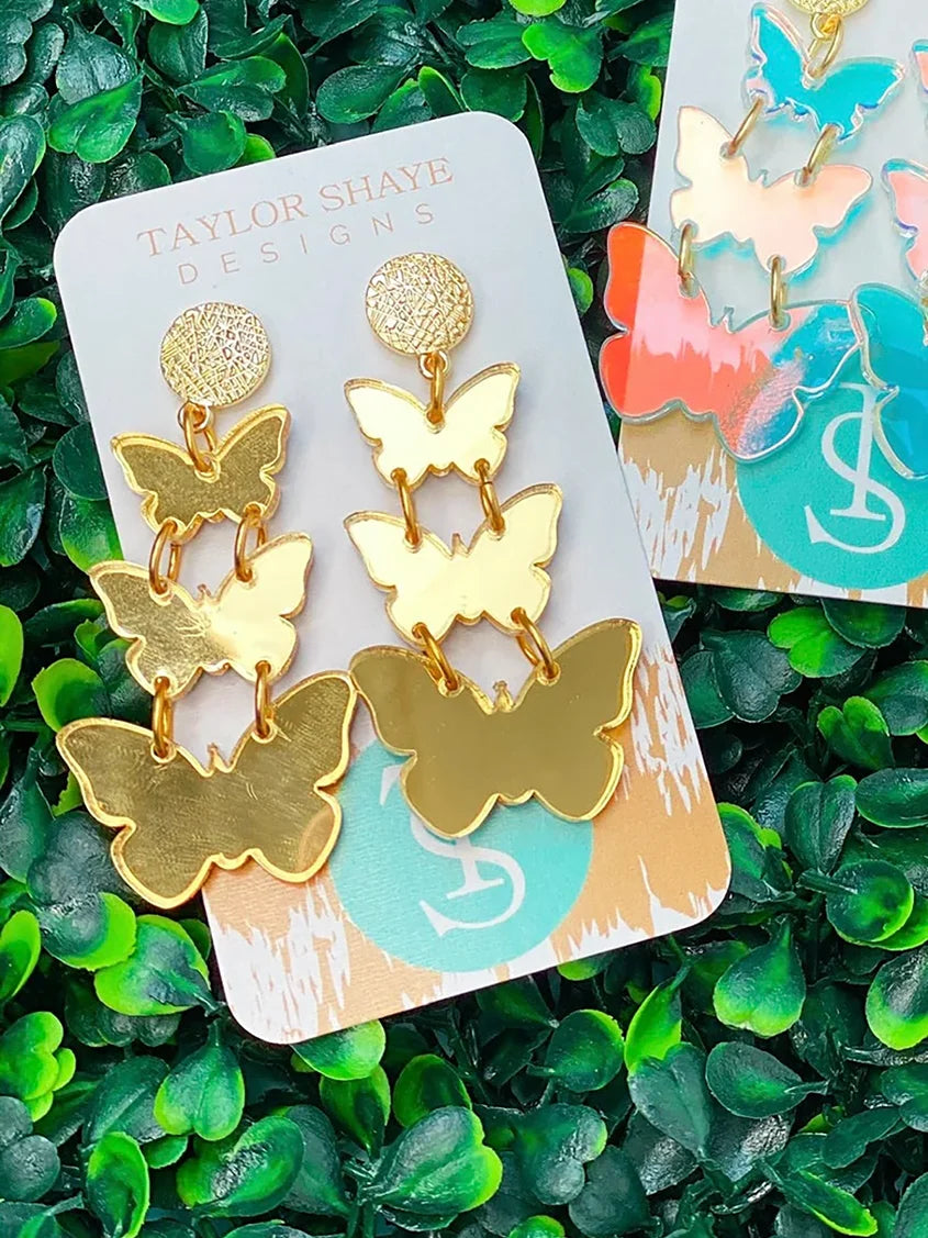 Taylor Shaye Designs Triple Butterfly Acrylic Drop Earrings Gold Shimmer