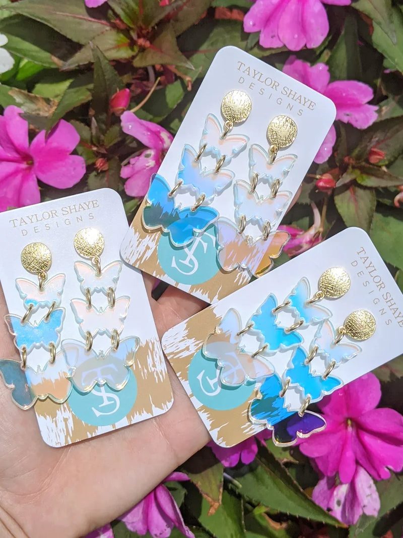 Taylor Shaye Designs Triple Butterfly Acrylic Drop Earrings Iridescent