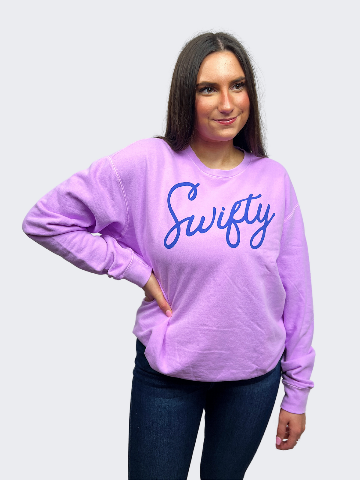 taylor swift swiftie sweatshirt in violet-front view