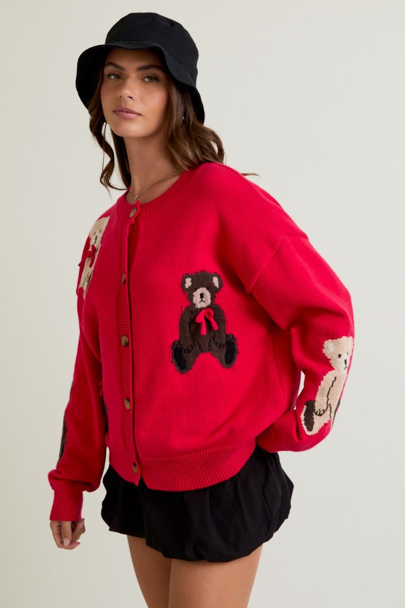 Red Teddy Bear Sweater Cardigan