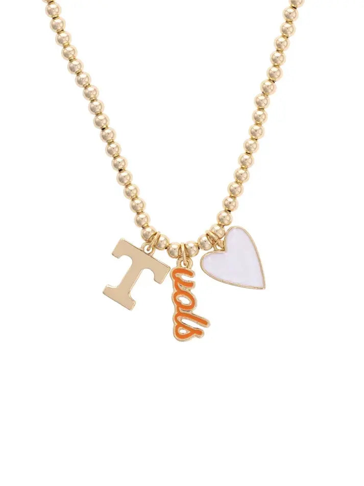 Tennessee Vols Gold Ball Bead Charm Necklace Power T White Heart Vols Script