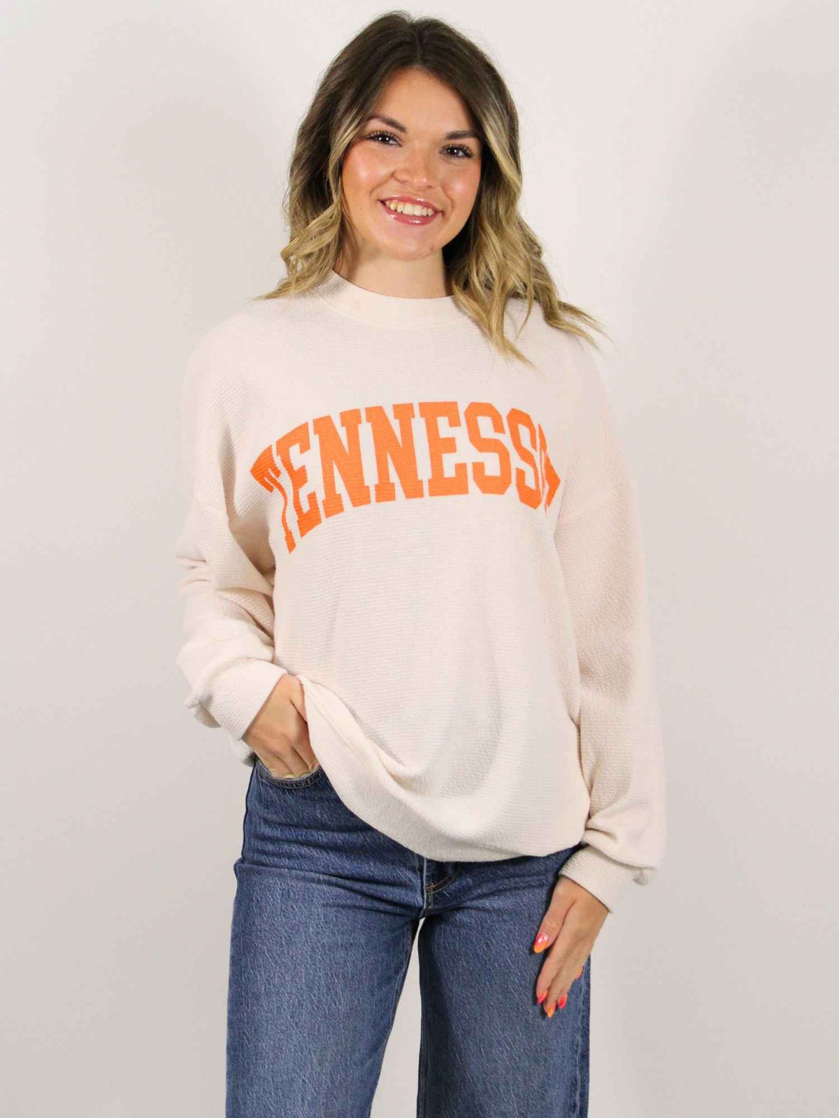 Tennessee Cloudy Knit Long Sleeve Graphic Top Cream
