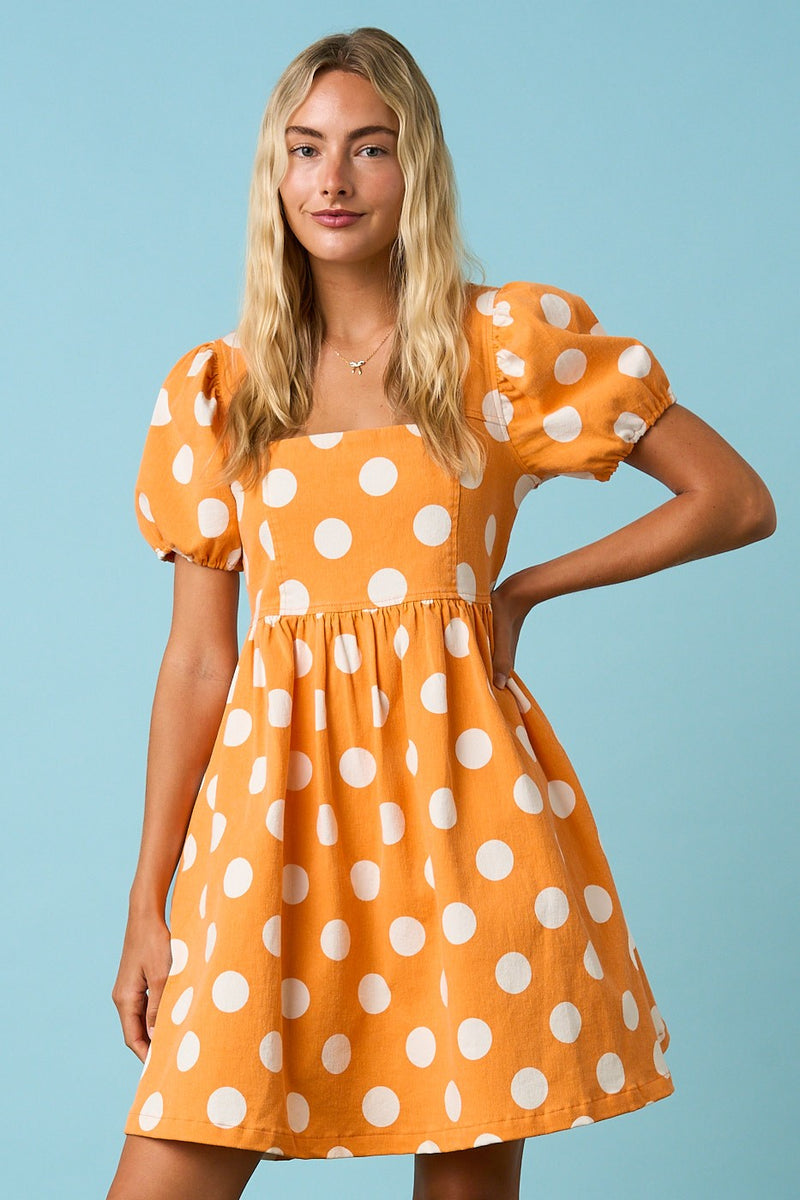 tennessee Game Day Polka Dot Puff Sleeve Babydoll Mini Dress orange and white