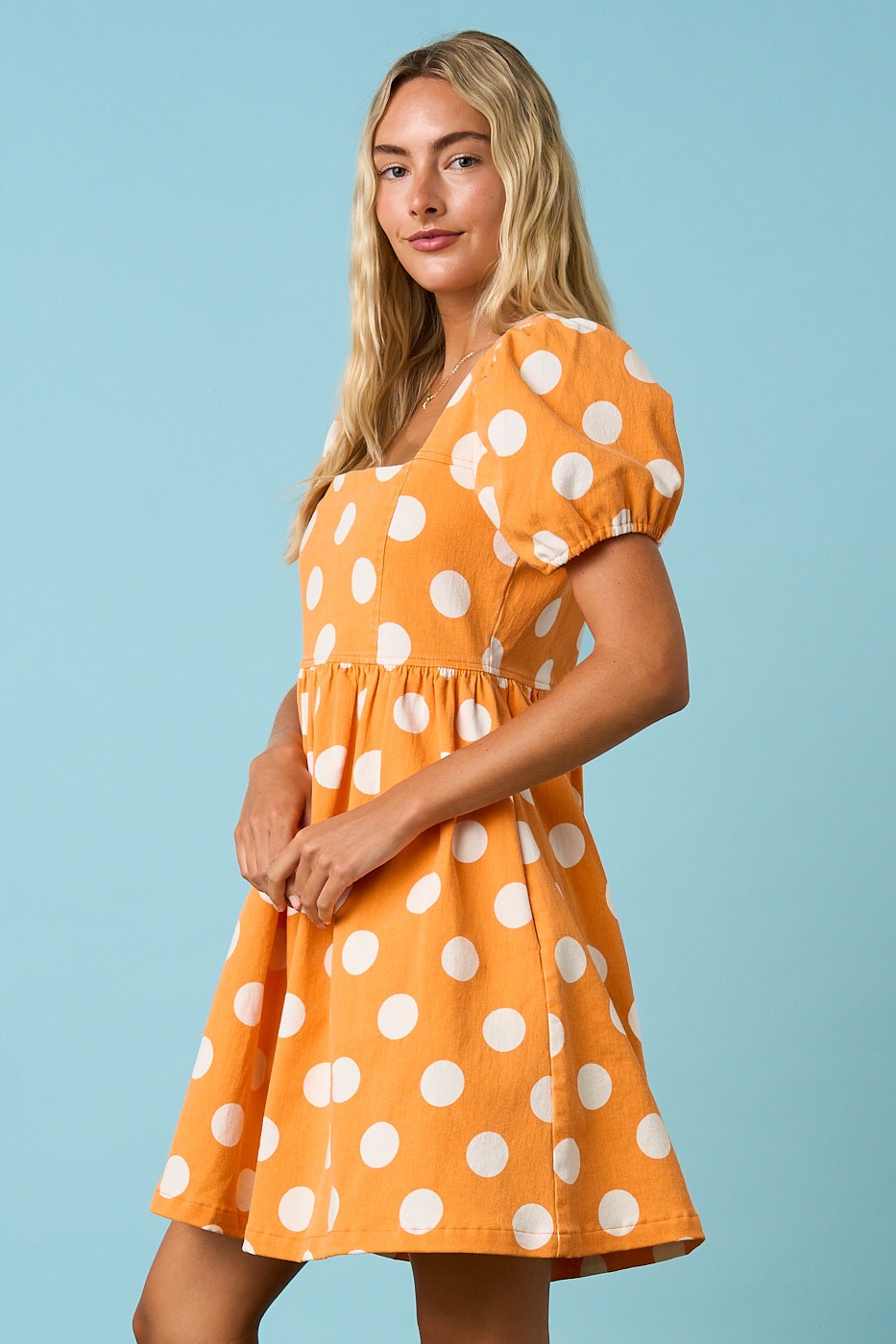 tennessee Game Day Polka Dot Puff Sleeve Babydoll Mini Dress orange and white