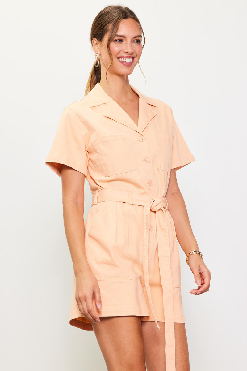 tennesee game day washed denim utility romper with tie front waist in apricot orange